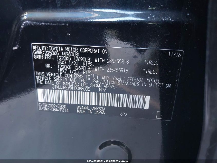 2017 Toyota Rav4 Hybrid Se VIN: JTMJJREVXHD088005 Lot: 43832551