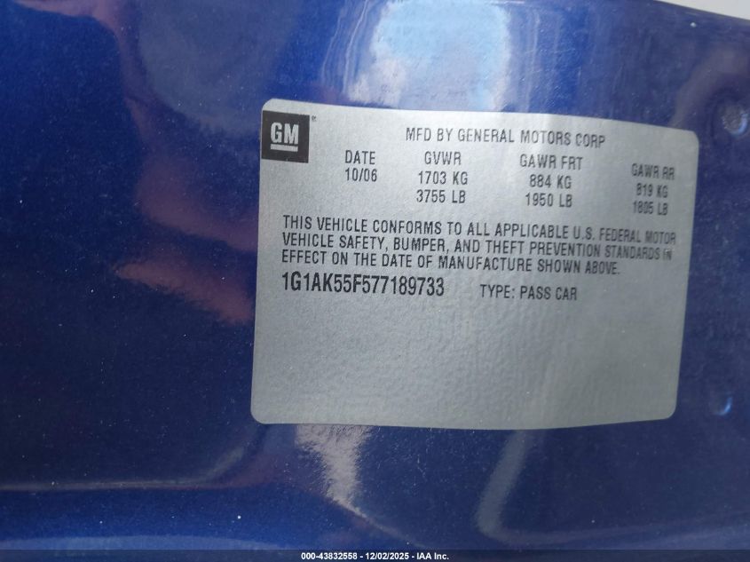 2007 Chevrolet Cobalt Ls VIN: 1G1AK55F577189733 Lot: 43832558