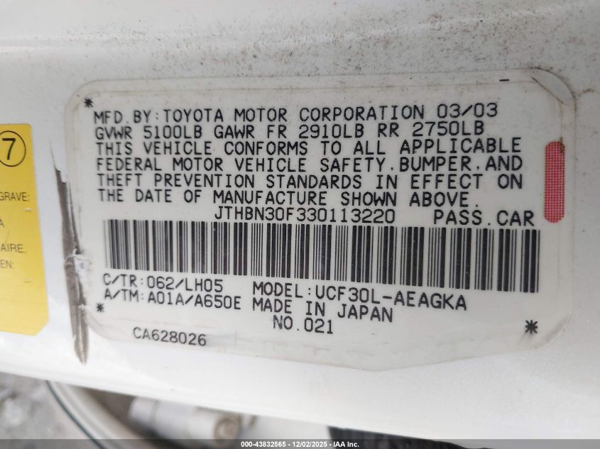 2003 Lexus Ls 430 VIN: JTHBN30F330113220 Lot: 43832565