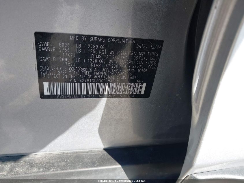 2025 Subaru Outback Wilderness VIN: 4S4BTGUD3S3194512 Lot: 43832571