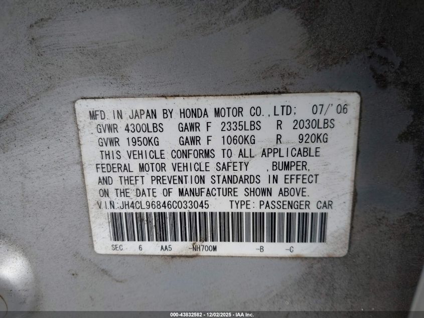 2006 Acura Tsx VIN: JH4CL96846C033045 Lot: 43832582