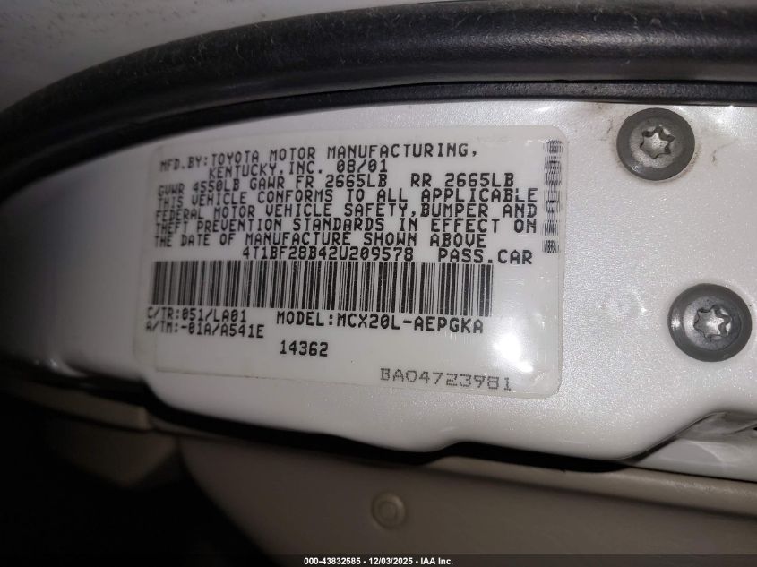 2002 Toyota Avalon Xls VIN: 4T1BF28B42U209578 Lot: 43832585