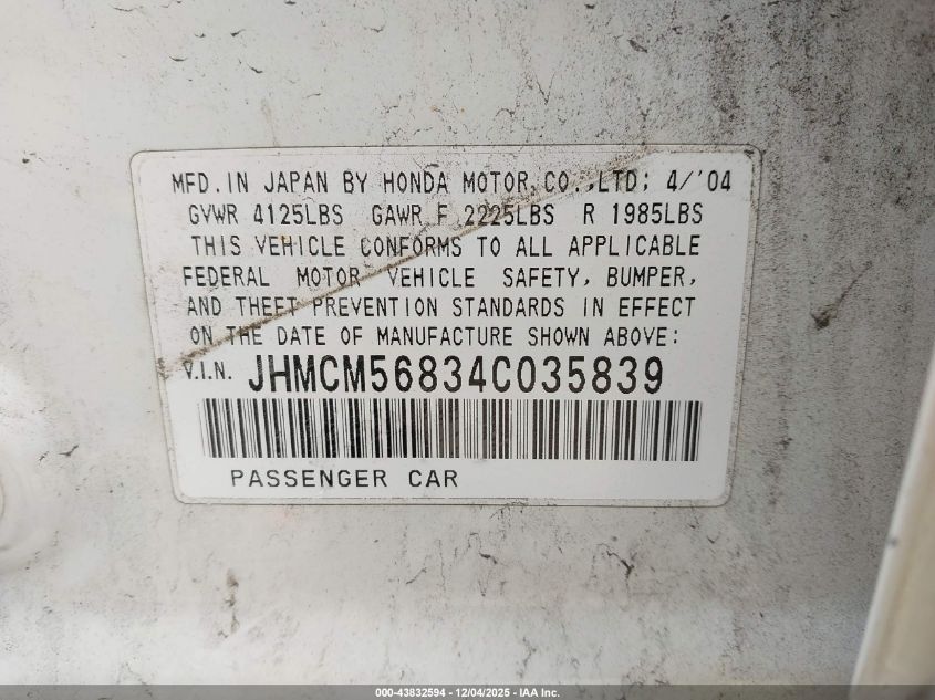 2004 Honda Accord 2.4 Ex VIN: JHMCM56834C035839 Lot: 43832594