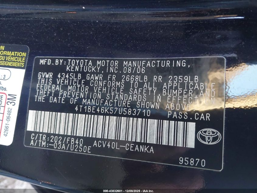 2007 Toyota Camry Le VIN: 4T1BE46K57U583710 Lot: 43832601