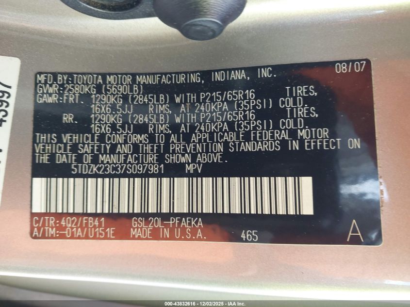 2007 Toyota Sienna Ce VIN: 5TDZK23C37S097981 Lot: 43832616