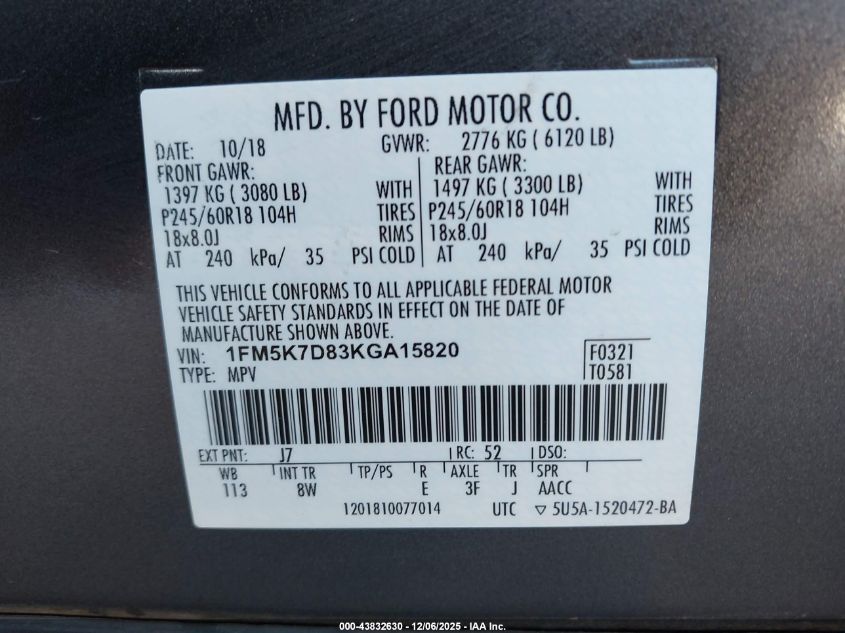 2019 Ford Explorer Xlt VIN: 1FM5K7D83KGA15820 Lot: 43832630