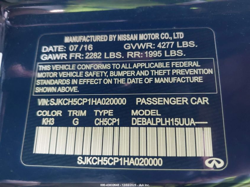 2017 Infiniti Qx30 VIN: SJKCH5CP1HA020000 Lot: 43832648