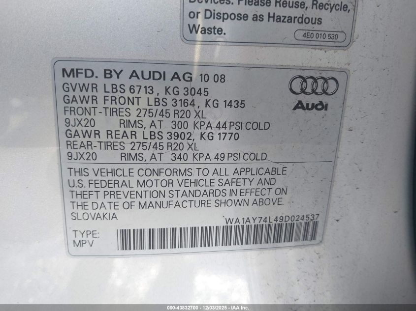 2009 Audi Q7 3.6 5 Passenger/3.6 Premium VIN: WA1AY74L49D024537 Lot: 43832700