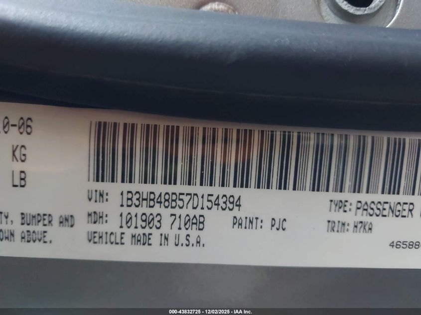 2007 Dodge Caliber Sxt VIN: 1B3HB48B57D154394 Lot: 43832725