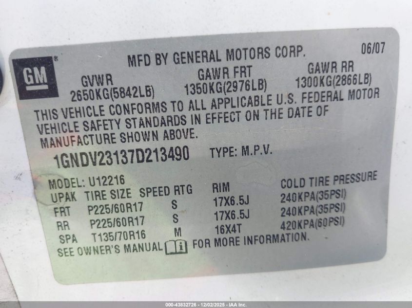 2007 Chevrolet Uplander Ls VIN: 1GNDV23137D213490 Lot: 43832726