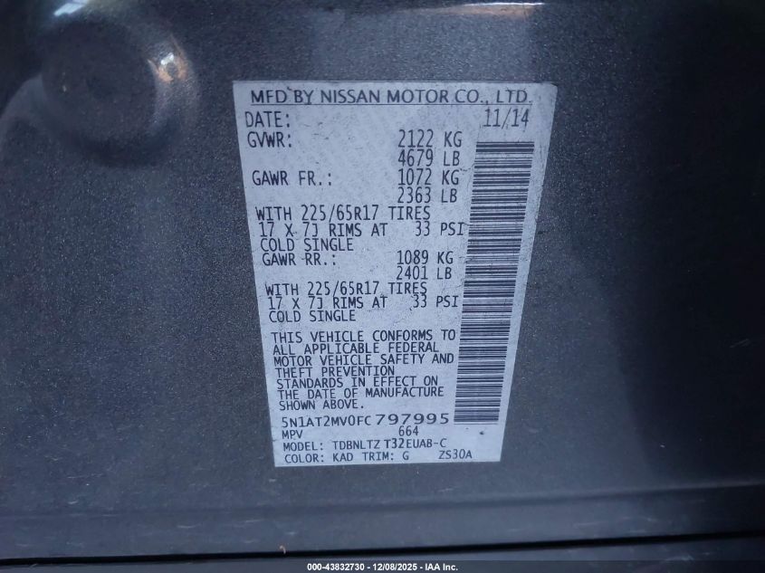 2015 Nissan Rogue Sv VIN: 5N1AT2MV0FC797995 Lot: 43832730