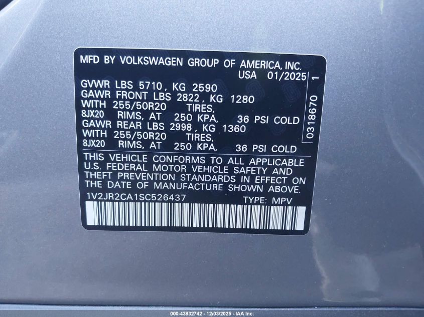 2025 Volkswagen Atlas 2.0T Se W/Technology VIN: 1V2JR2CA1SC526437 Lot: 43832742