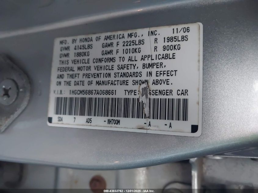 2007 Honda Accord 2.4 Ex VIN: 1HGCM56867A068661 Lot: 43832762