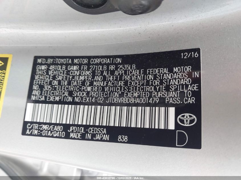 2017 Toyota Mirai VIN: JTDBVRBD8HA001479 Lot: 43832786