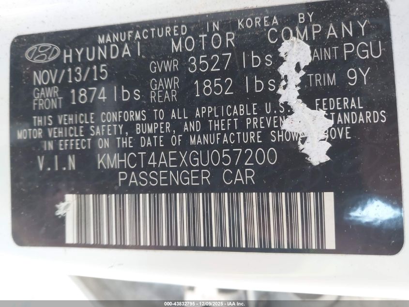 2016 Hyundai Accent Se VIN: KMHCT4AEXGU057200 Lot: 43832795