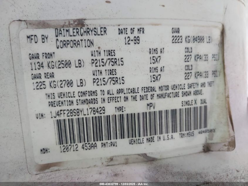 2000 Jeep Cherokee Se VIN: 1J4FF28S8YL178429 Lot: 43832799