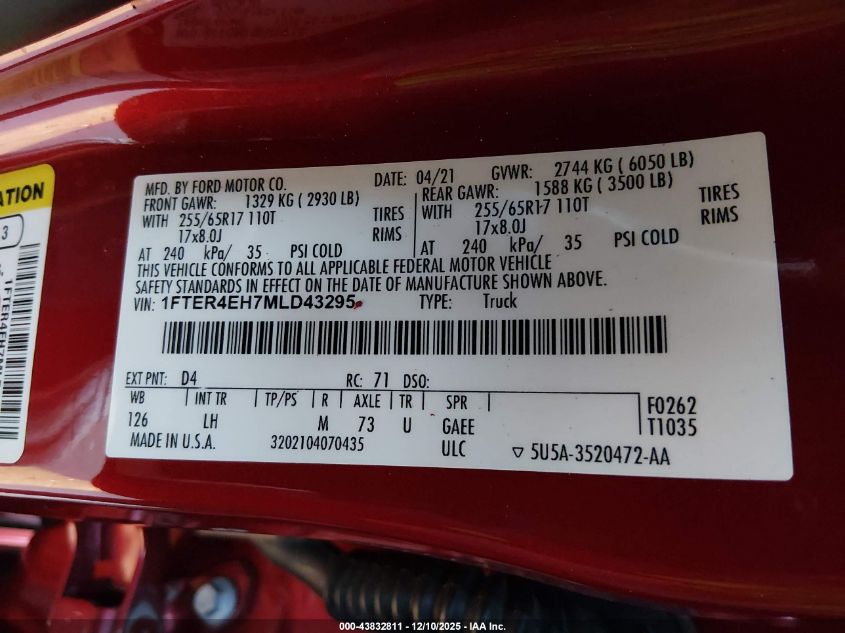 2021 Ford Ranger Xlt VIN: 1FTER4EH7MLD43295 Lot: 43832811