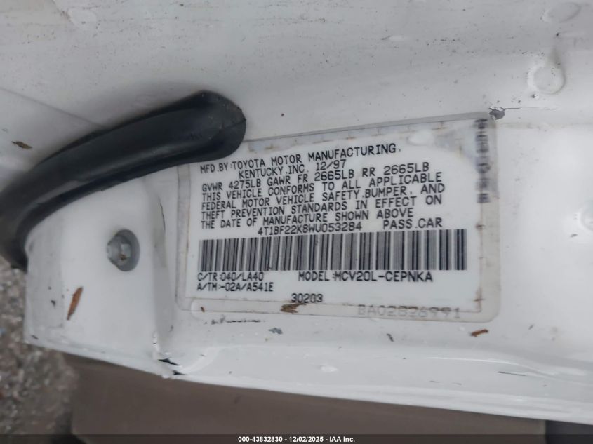 1998 Toyota Camry Le VIN: 4T1BG22K9WU291061 Lot: 43832830