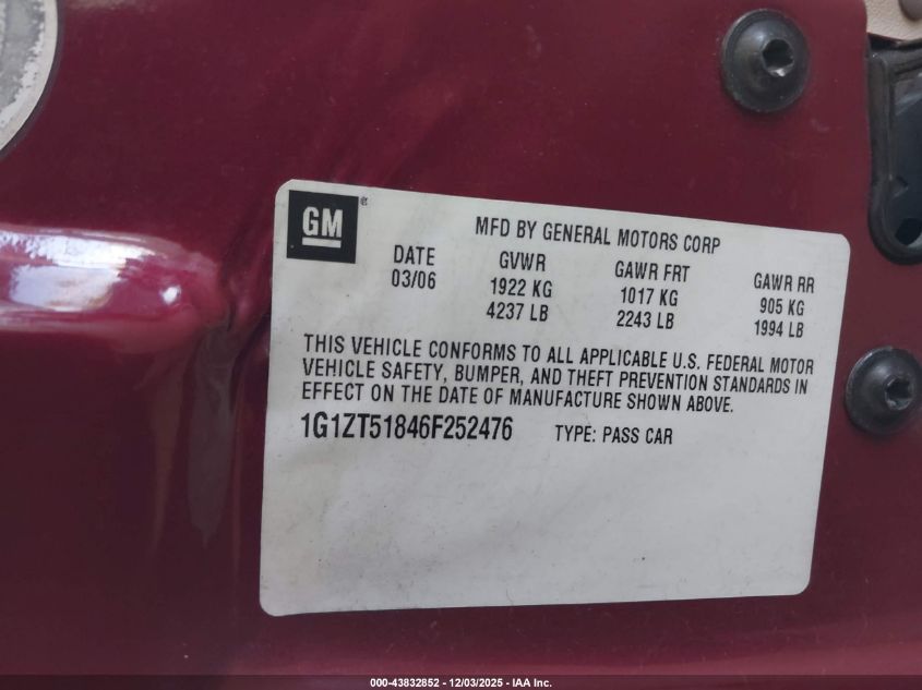 2006 Chevrolet Malibu Lt VIN: 1G1ZT51846F252476 Lot: 43832852