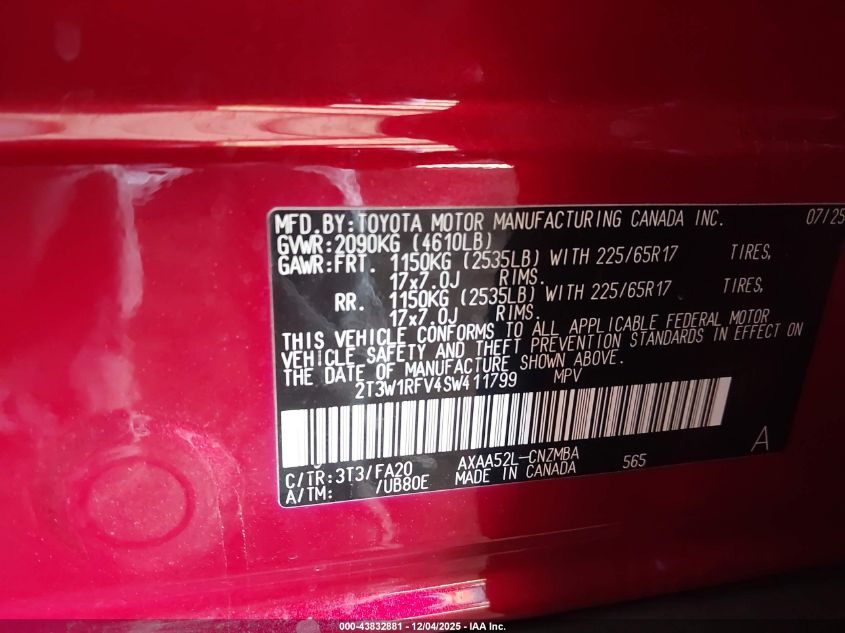 2025 Toyota Rav4 Xle VIN: 2T3W1RFV4SW411799 Lot: 43832881