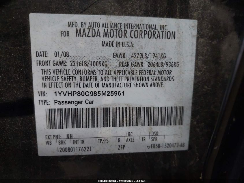 2008 Mazda Mazda6 I Sport Ve VIN: 1YVHP80C985M25961 Lot: 43832884