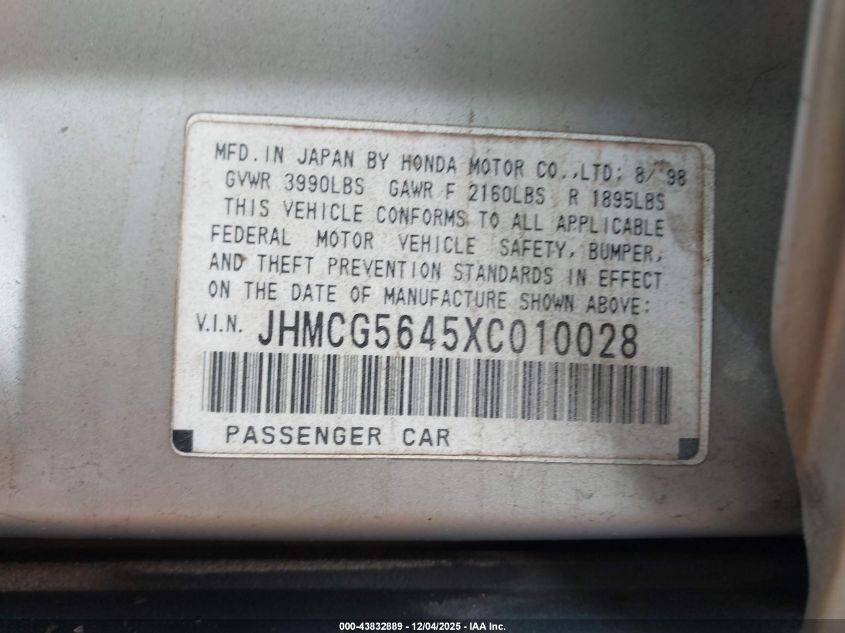 1999 Honda Accord Lx VIN: JHMCG5645XC010028 Lot: 43832889