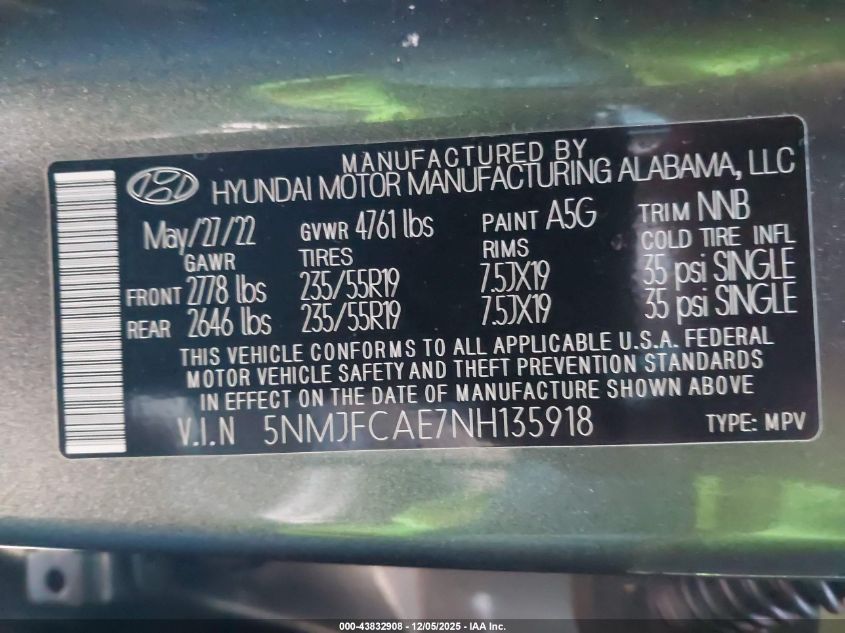 2022 Hyundai Tucson Sel VIN: 5NMJFCAE7NH135918 Lot: 43832908