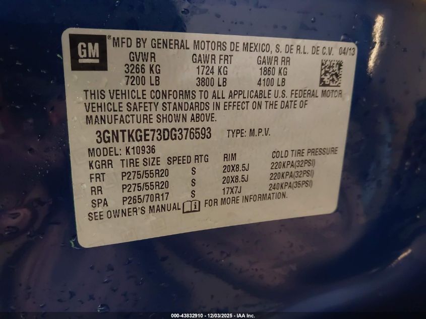 2013 Chevrolet Avalanche Ltz VIN: 3GNTKGE73DG376593 Lot: 43832910