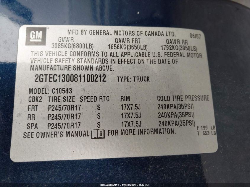 2008 GMC Sierra 1500 Sle1 VIN: 2GTEC130081100212 Lot: 43832912