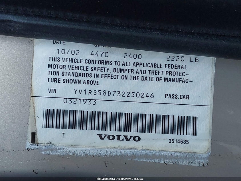 YV1RS58D732250246 2003 VOLVO S60 photo no. 9