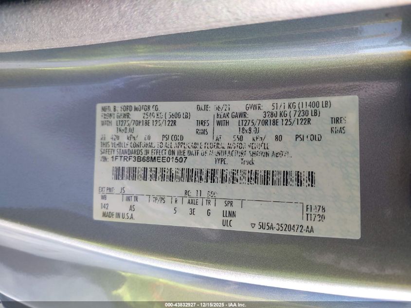 2021 Ford F-350 Xl VIN: 1FTRF3B68MEE01507 Lot: 43832927