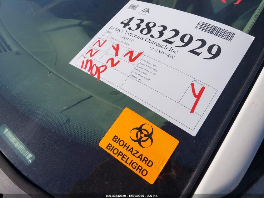 2004 Pontiac Grand Prix Gt1 VIN: 2G2WP522541297458 Lot: 43832929