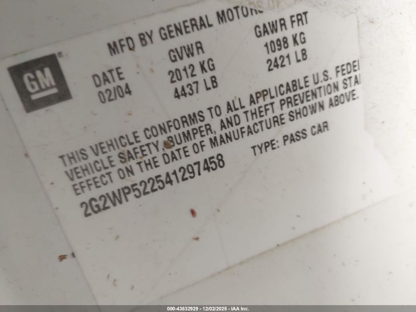 2004 Pontiac Grand Prix Gt1 VIN: 2G2WP522541297458 Lot: 43832929