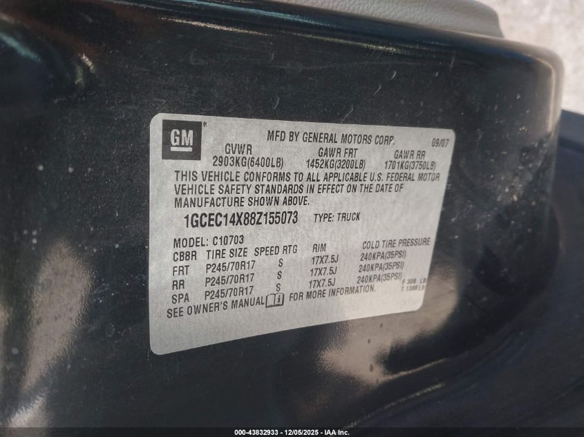 2008 Chevrolet Silverado 1500 Work Truck VIN: 1GCEC14X88Z155073 Lot: 43832933