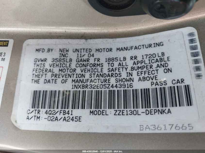 2005 Toyota Corolla Le VIN: 1NXBR32E05Z443916 Lot: 43832946