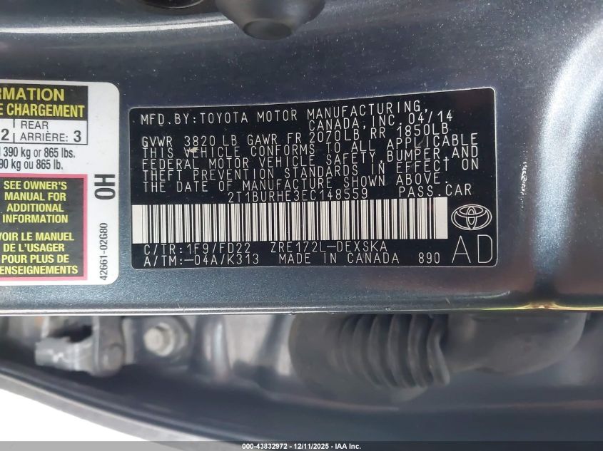 2014 Toyota Corolla S Plus VIN: 2T1BURHE3EC148559 Lot: 43832972