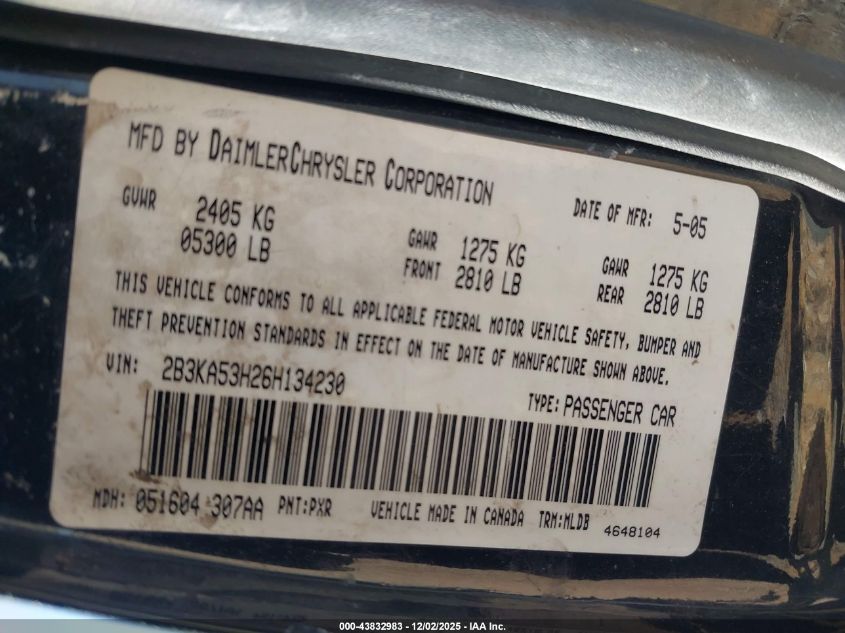 2006 Dodge Charger Rt VIN: 2B3KA53H26H134230 Lot: 43832983