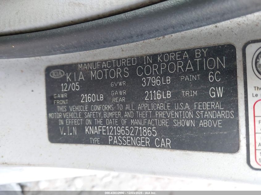 2006 Kia Spectra Ex/Lx/Sx VIN: KNAFE121965271865 Lot: 43832990