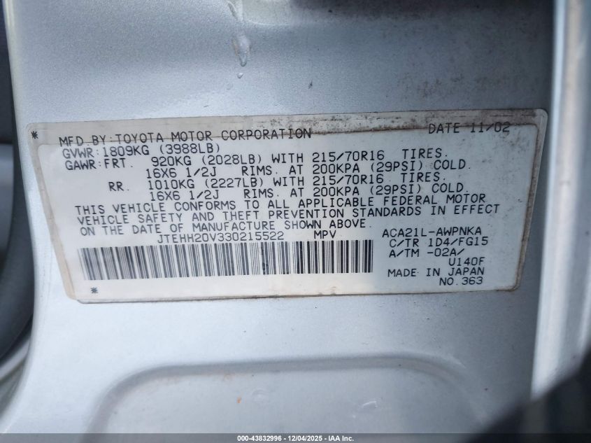 2003 Toyota Rav4 VIN: JTEHH20V330215522 Lot: 43832996