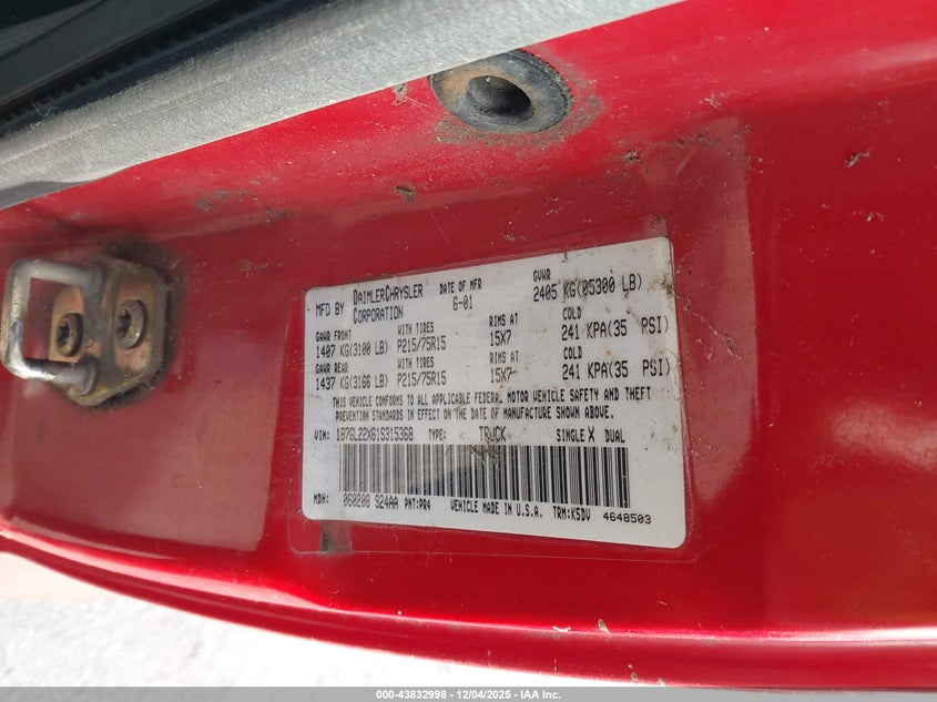 1B7GL22X61S315368 2001 DODGE DAKOTA photo no. 9