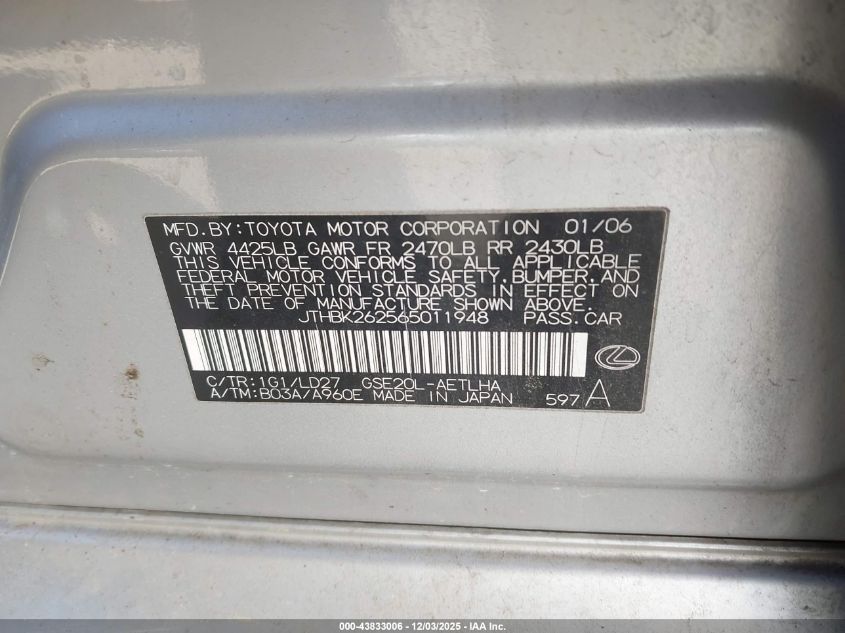 2006 Lexus Is 250 VIN: JTHBK262565011948 Lot: 43833006