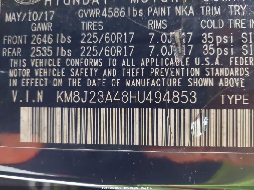 2017 Hyundai Tucson Se VIN: KM8J23A48HU494853 Lot: 43833026