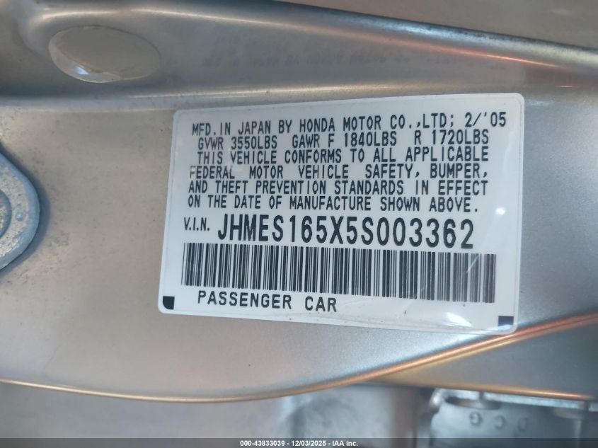2005 Honda Civic Lx VIN: JHMES165X5S003362 Lot: 43833039