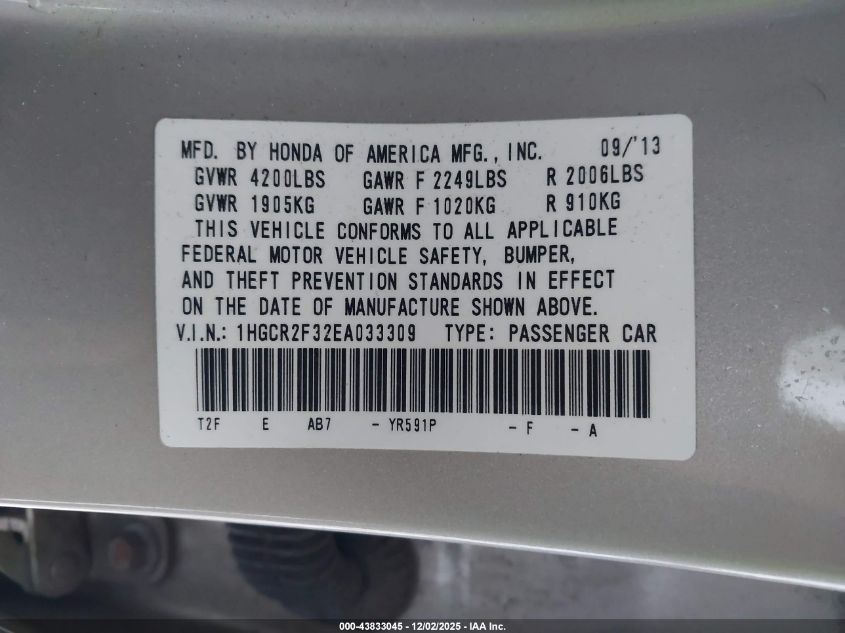 2014 Honda Accord Lx VIN: 1HGCR2F32EA033309 Lot: 43833045
