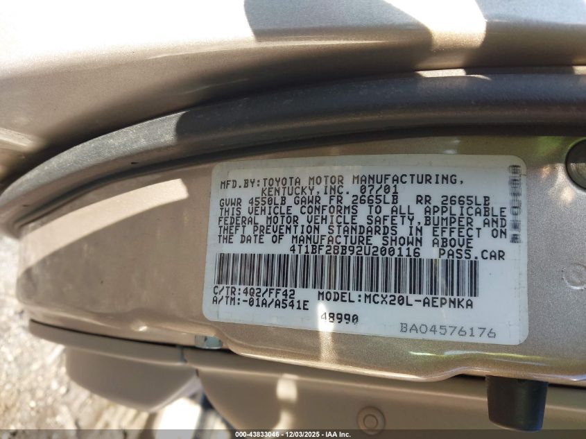 2002 Toyota Avalon Xl VIN: 4T1BF28B92U200116 Lot: 43833046