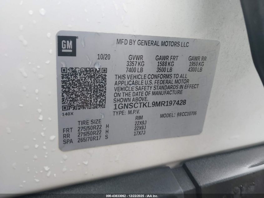 2021 Chevrolet Tahoe 2Wd High Country VIN: 1GNSCTKL9MR197428 Lot: 43833062