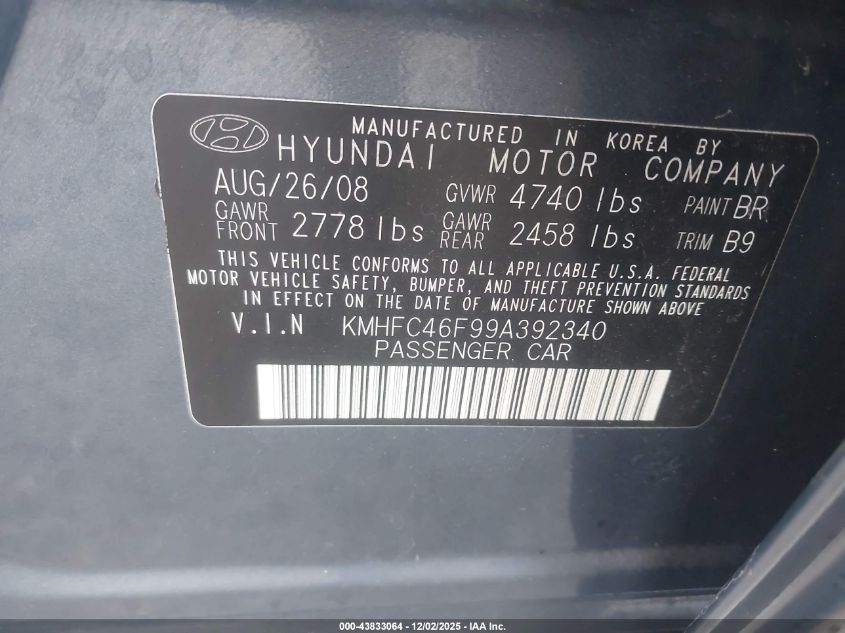 2009 Hyundai Azera Limited VIN: KMHFC46F99A392340 Lot: 43833064