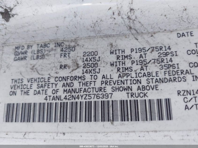 2000 Toyota Tacoma VIN: 4TANL42N4YZ576397 Lot: 43833073