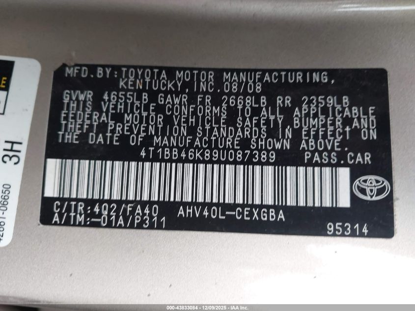 2009 Toyota Camry Hybrid VIN: 4T1BB46K89U087389 Lot: 43833084