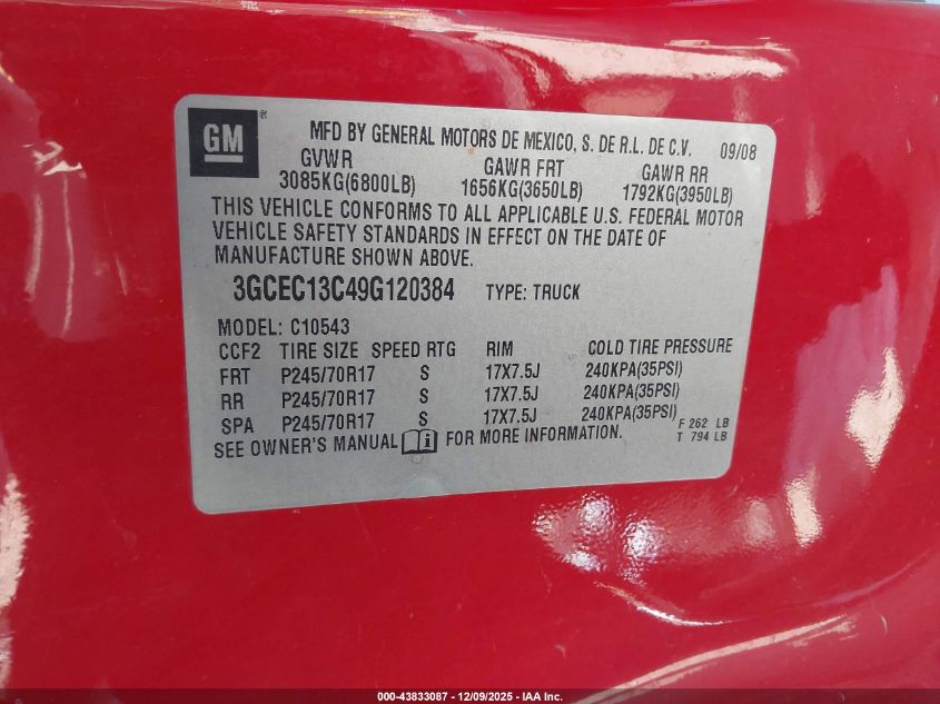 2009 Chevrolet Silverado 1500 Work Truck VIN: 3GCEC13C49G120384 Lot: 43833087